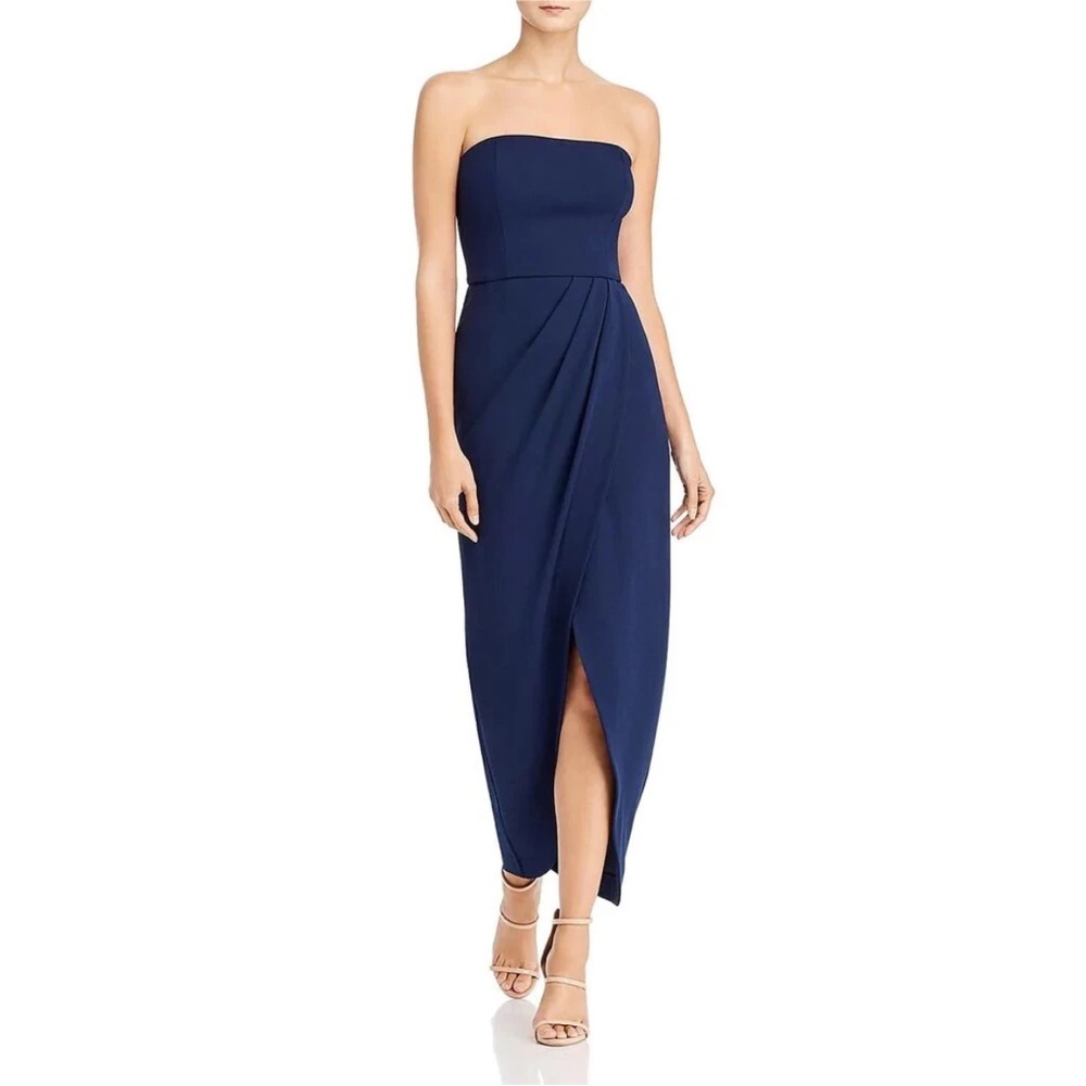 Wayf Blue Strapless Sheath Dress with Asymmetrical Slit